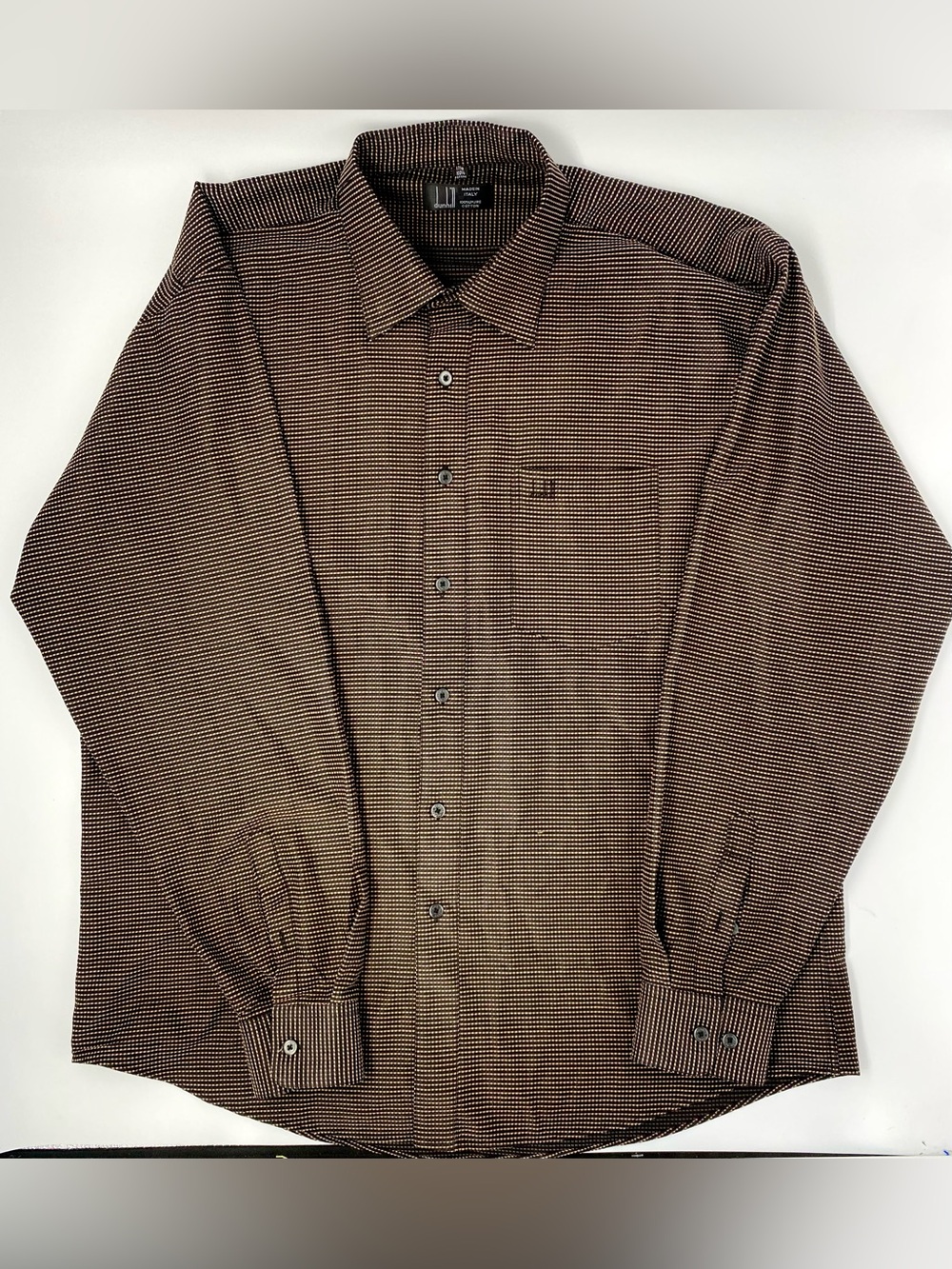 VTG Dunhill Italy Mens Dress Shirt 17.5 XL Black/Gold Micro-Check Pattern Cotton